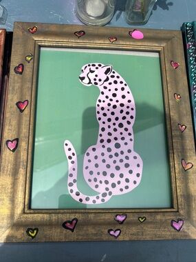 Pink Leopard Wall Art on Green Background in Gold Frame
